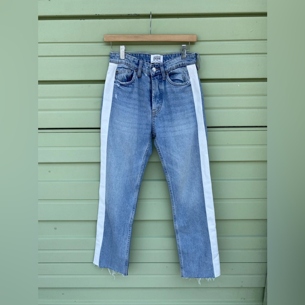 Zara Blue Denim Jeans White Side Stripe Detail Women Size 8